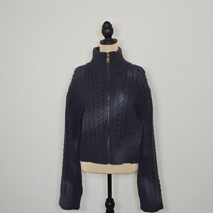 POL Size L Cable Knit Mock Neck Zip Up‎ Cropped Sweater Charcoal Gray